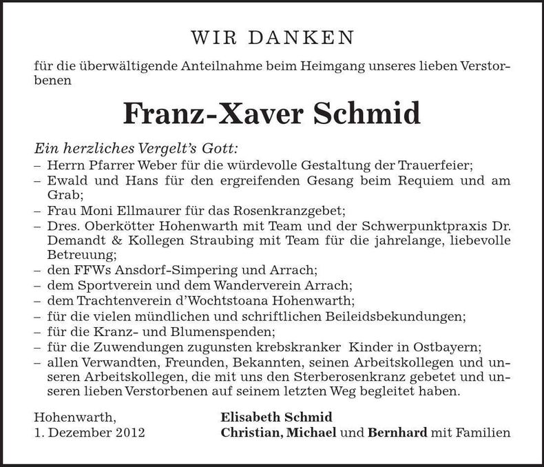 Traueranzeige Franz-Xaver Schmid