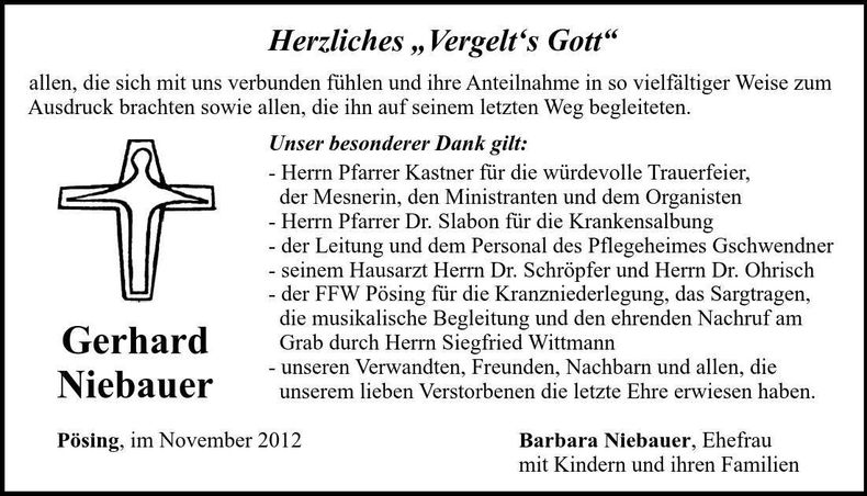 Traueranzeige Gerhard Niebauer