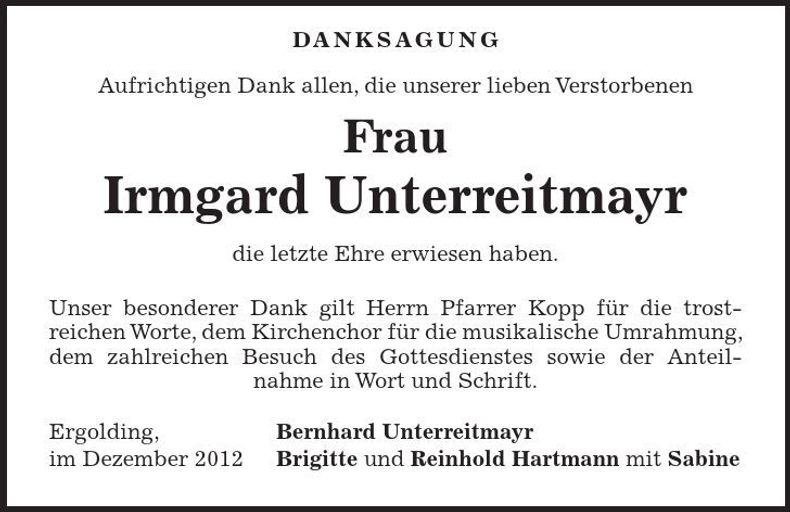 Traueranzeige Irmgard Unterreitmayr