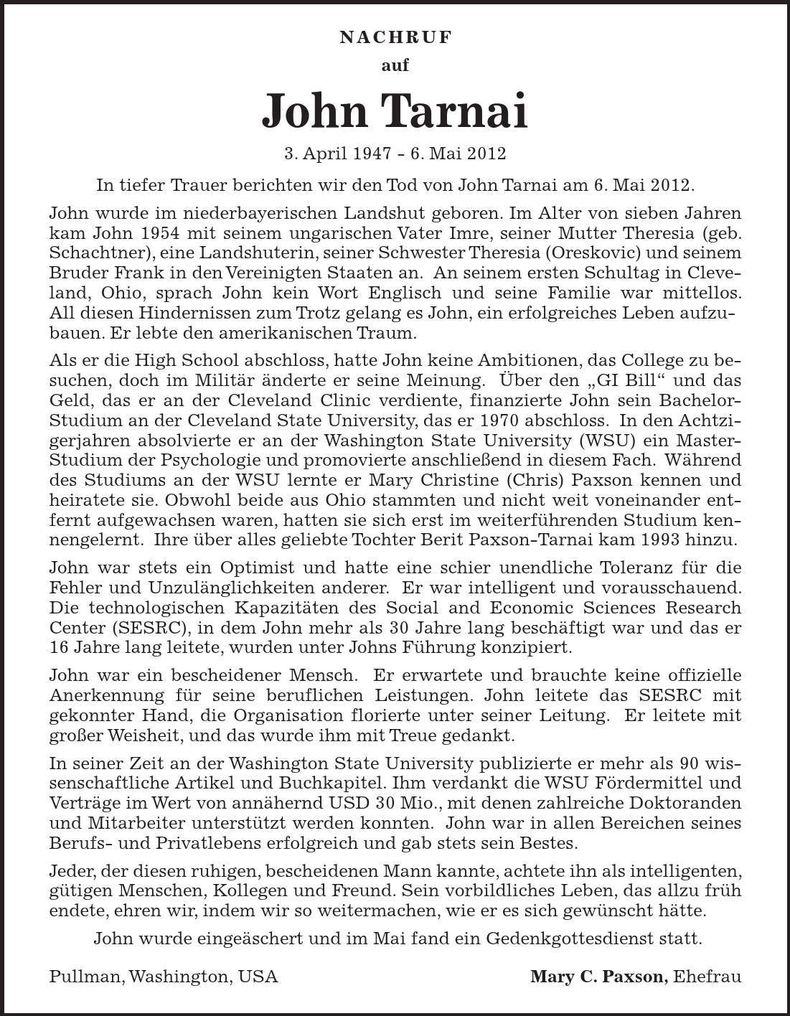 Traueranzeige John Tarnai