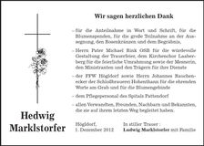 Traueranzeige Hedwig Marklstorfer