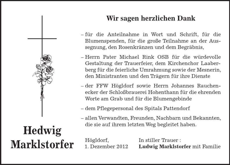 Traueranzeige Hedwig Marklstorfer