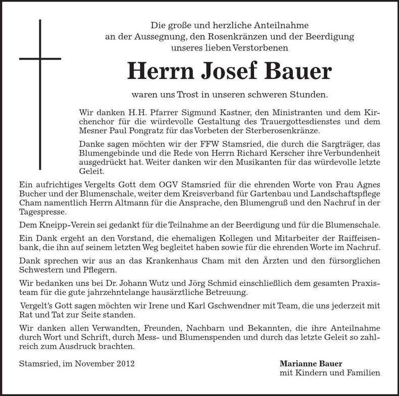 Traueranzeige Josef Bauer