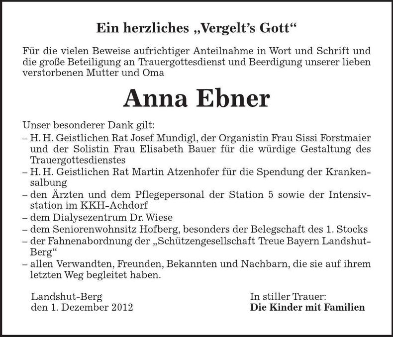 Traueranzeige Anna Ebner