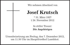 Traueranzeige Josef Krutsch