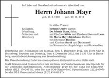 Traueranzeige Johann Mayr