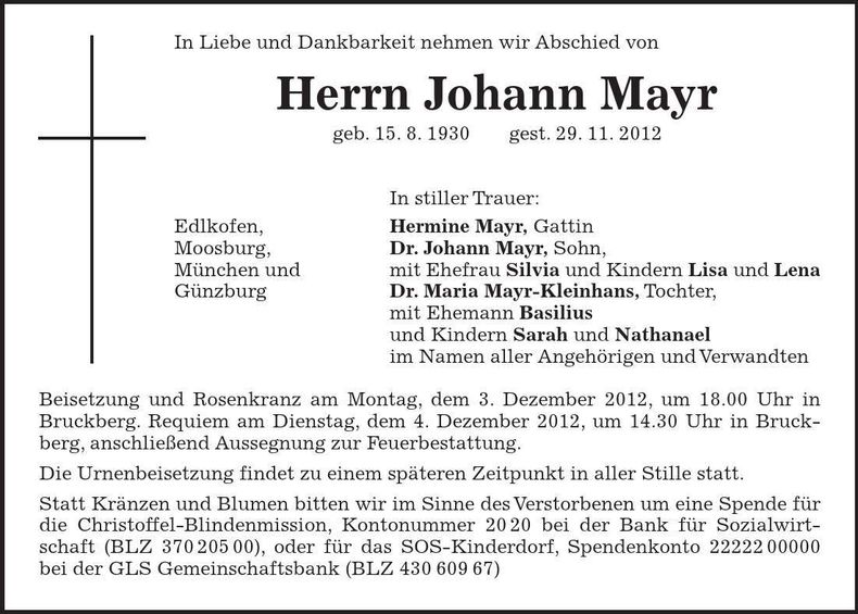 Traueranzeige Johann Mayr