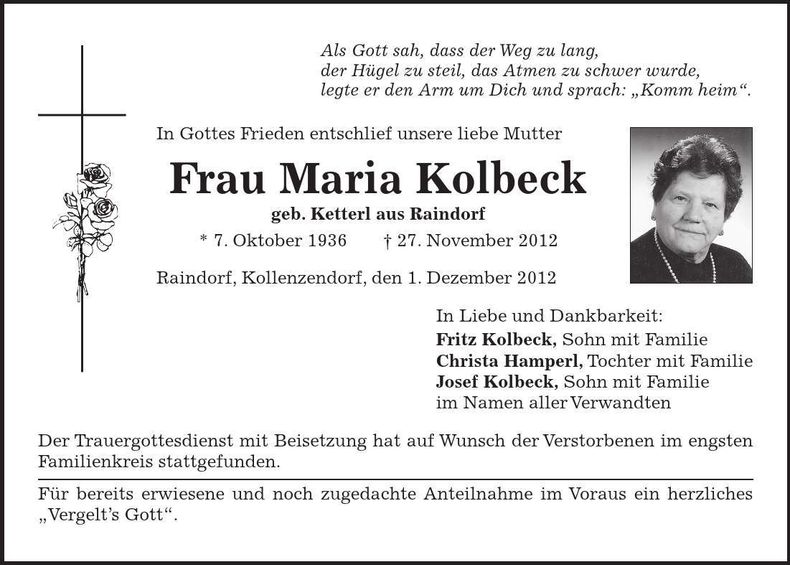 Traueranzeige Maria Kolbeck