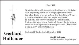 Traueranzeige Gerhard Hofbauer