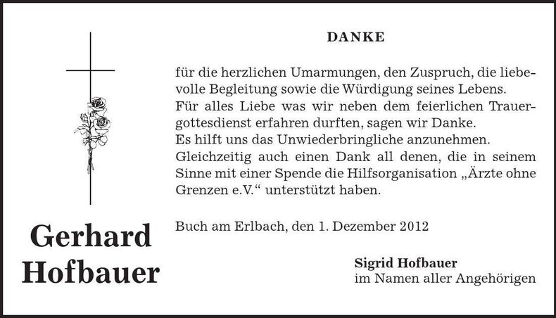 Traueranzeige Gerhard Hofbauer
