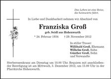 Traueranzeige Franziska Groß