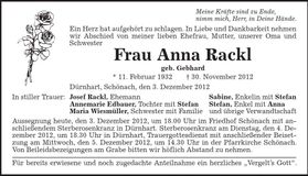 Traueranzeige Anna Rackl