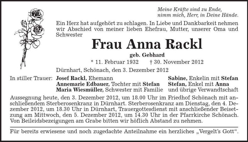 Traueranzeige Anna Rackl