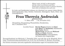 Traueranzeige Theresia Andrusiak