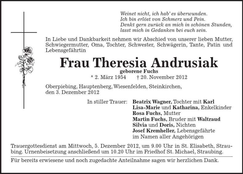 Traueranzeige Theresia Andrusiak