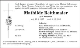 Traueranzeige Mathilde Reithmaier