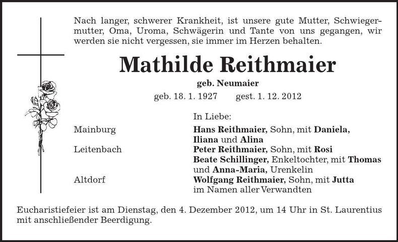 Traueranzeige Mathilde Reithmaier