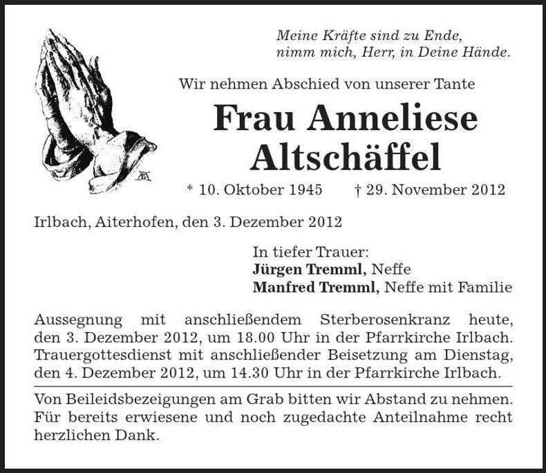 Traueranzeige Anneliese Altschäffel