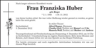 Traueranzeige Franziska Huber