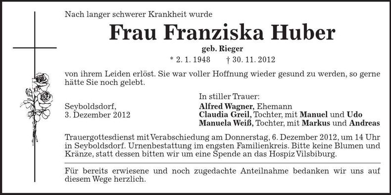 Traueranzeige Franziska Huber