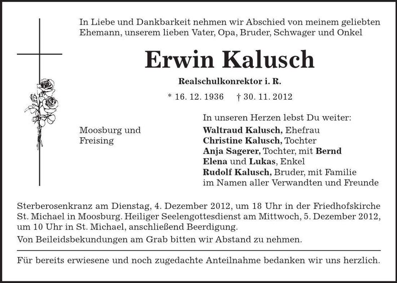 Traueranzeige Erwin Kalusch