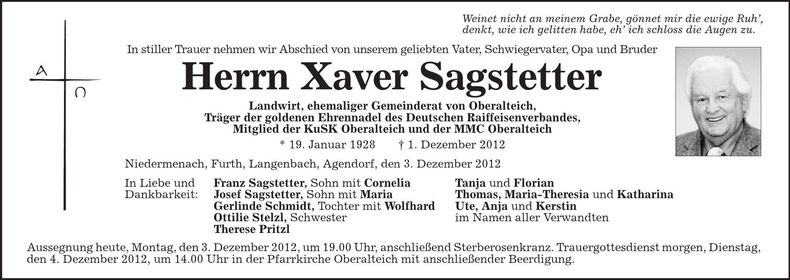 Traueranzeige Xaver Sagstetter