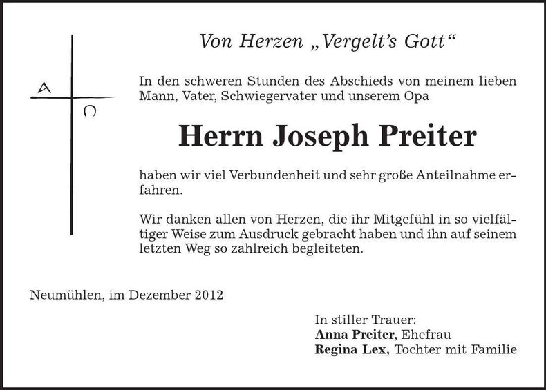 Traueranzeige Joseph Preiter