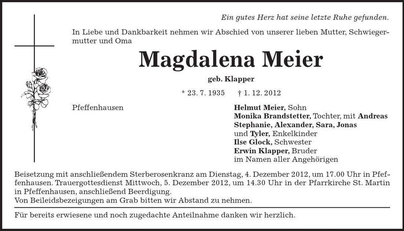 Traueranzeige Magdalena Meier