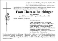 Traueranzeige Therese Reichinger