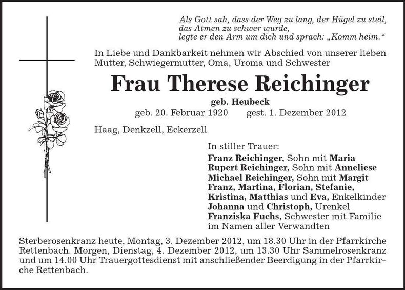 Traueranzeige Therese Reichinger