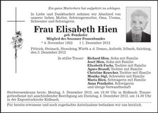 Traueranzeige Elisabeth Hien