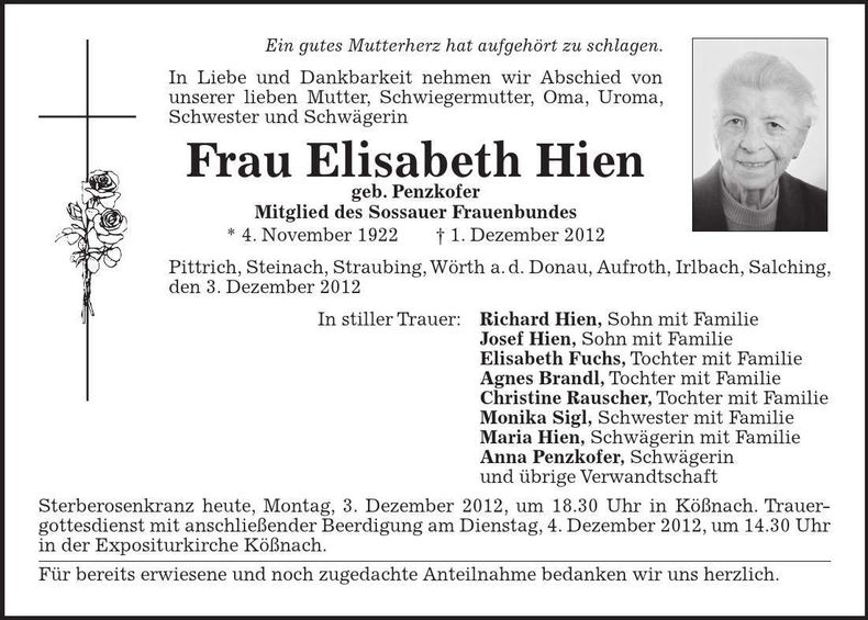 Traueranzeige Elisabeth Hien