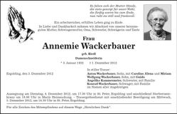 Traueranzeige Annemie Wackerbauer