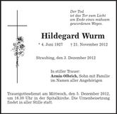Traueranzeige Hildegard Wurm
