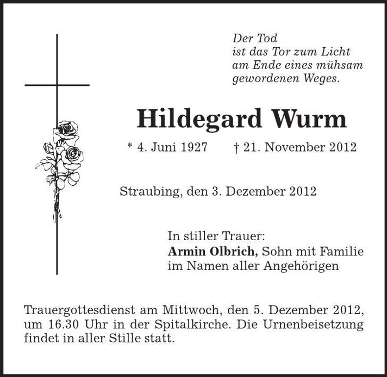 Traueranzeige Hildegard Wurm