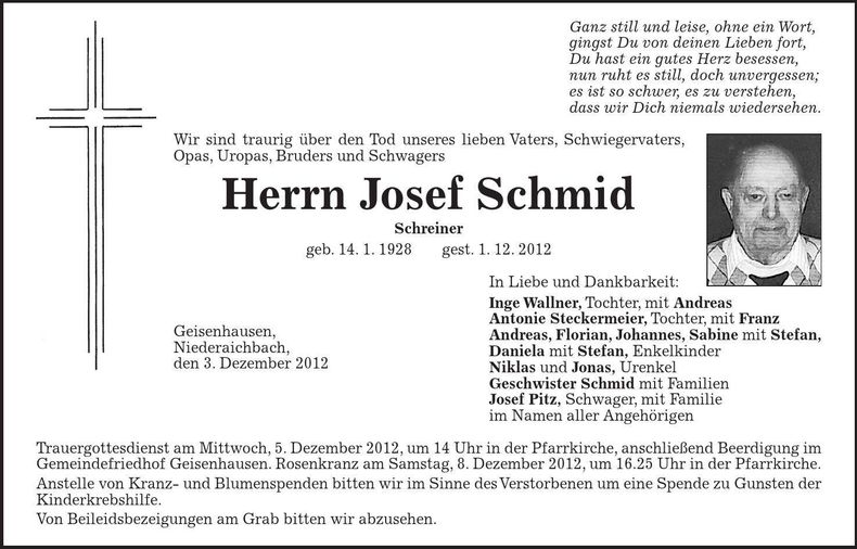 Traueranzeige Josef Schmid