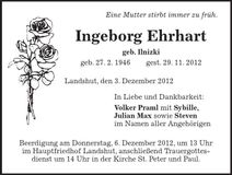 Traueranzeige Ingeborg Ehrhart