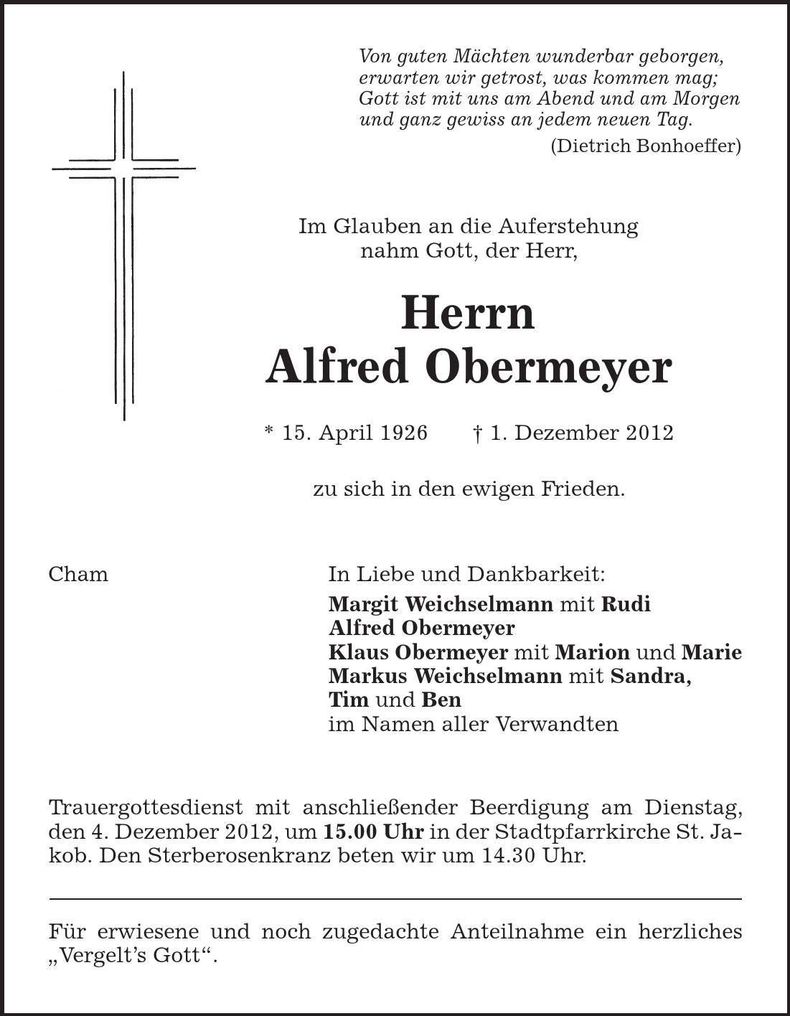 Traueranzeige Alfred Obermeyer