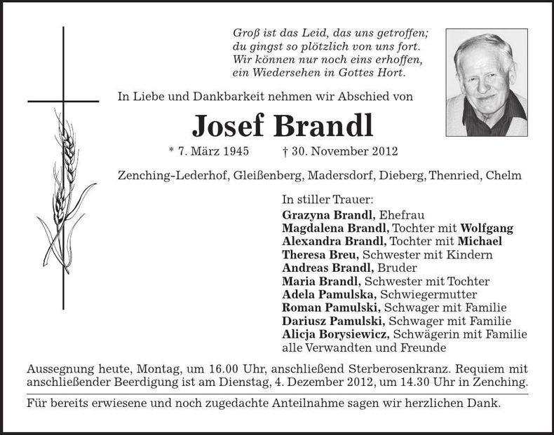 Traueranzeige Josef Brandl