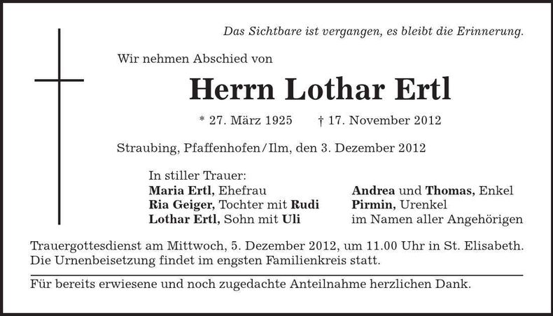 Traueranzeige Lothar Ertl
