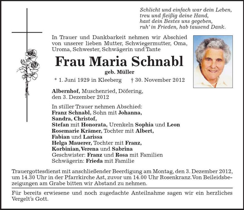 Traueranzeige Maria Schnabl