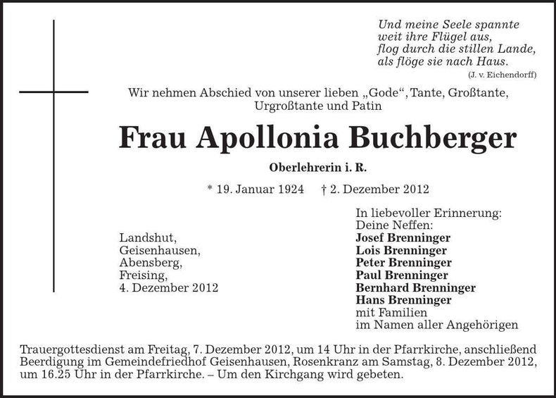 Traueranzeige Apollonia Buchberger