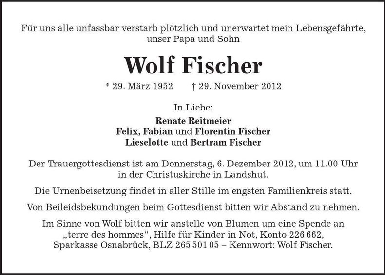 Traueranzeige Wolf Fischer