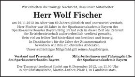 Traueranzeige Wolf Fischer