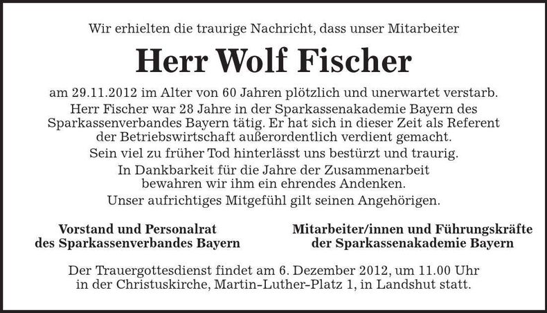 Traueranzeige Wolf Fischer