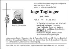 Traueranzeige Inge Taglinger