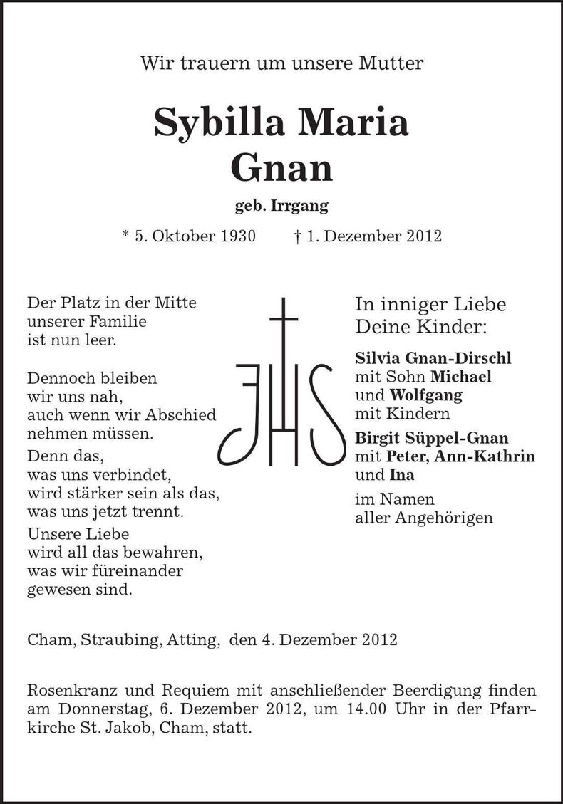 Traueranzeige Sybilla Gnan