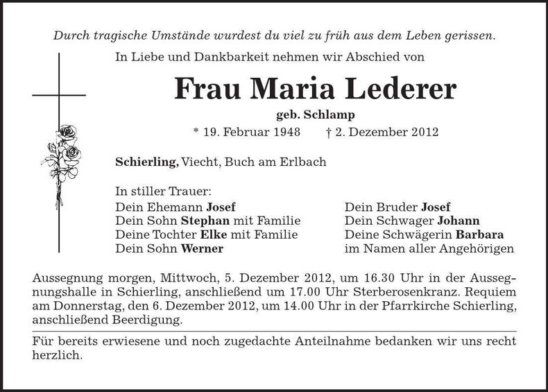 Traueranzeige Maria Lederer