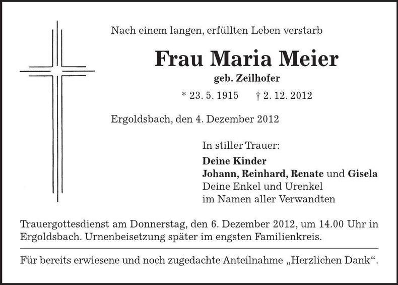 Traueranzeige Maria Meier