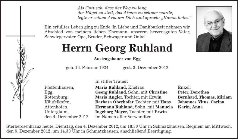 Traueranzeige Georg Ruhland